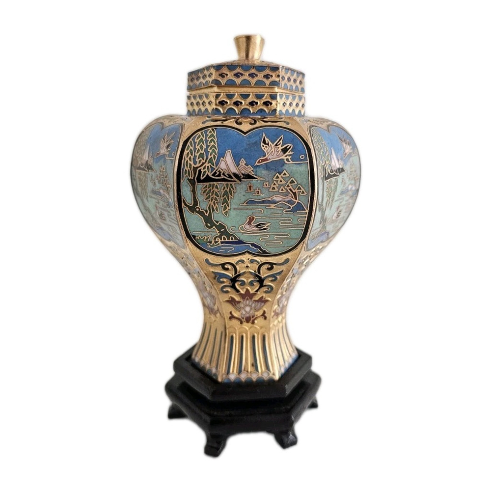 Vintage Chinese Cloisonne Ja with Lid & Stand Colorful Landscape Scene 6 Sided